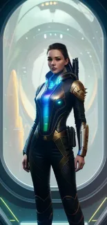 Futuristic female hero in armor in sci-fi setting on mobile wallpaper.