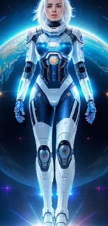 Futuristic female hero in sci-fi armor standing before a cosmic backdrop.