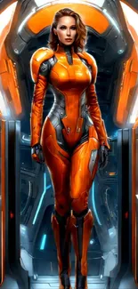 Sci-fi heroine in orange suit with high-tech backdrop.