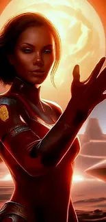 Futuristic sci-fi heroine with glowing sunset backdrop.