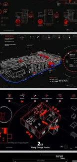 Futuristic sci-fi interface wallpaper, dark theme with red highlights.