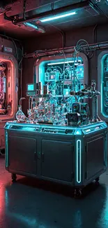 Futuristic lab with neon lights and high-tech equipment.