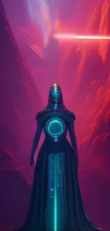 Futuristic sci-fi landscape with neon hues and mysterious figure.