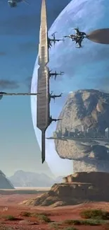 Futuristic sci-fi landscape with floating structures.