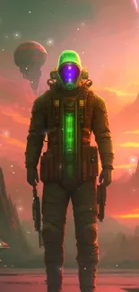 Futuristic astronaut in a vibrant sci-fi landscape with neon lighting.