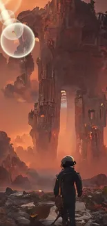 Sci-fi landscape with astronaut and alien ruins in dramatic orange hues.