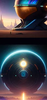 Futuristic sphere and sci-fi landscape mobile wallpaper with vibrant colors.