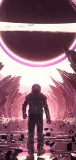 Astronaut in a pink cosmic landscape with futuristic elements.