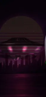 Mysterious UFO over dark cityscape with neon glow on wallpaper.