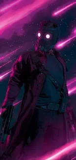 Futuristic hero in magenta lights with shooting stars.