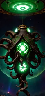 Futuristic sci-fi octopus with green cosmic glow.