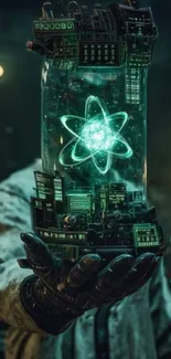 Futuristic sci-fi wallpaper with glowing atomic design in dark setting.