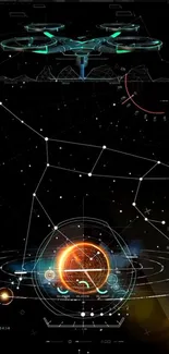 Futuristic sci-fi digital phone wallpaper with star maps and tech designs.