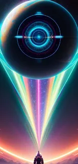 Futuristic sci-fi wallpaper with neon lights and cosmic elements, perfect for mobiles.