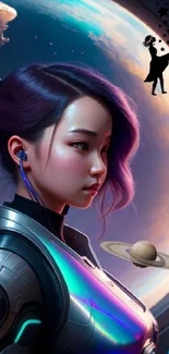 Futuristic wallpaper with a cybernetic woman gazing at a planet.