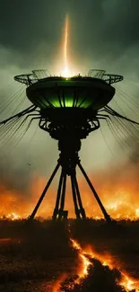 Futuristic sci-fi wallpaper featuring a green alien structure and fiery background.