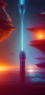 Futuristic sci-fi scene with vibrant cosmic colors and structures.