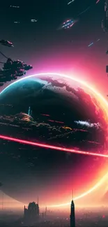 Futuristic neon sci-fi planet with spaceships and cityscape.