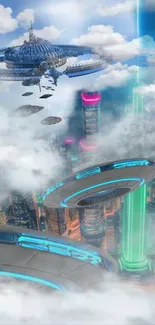 Futuristic city with flying saucers and neon lights above the clouds.