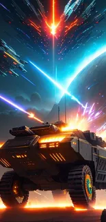 Futuristic vehicle in a vibrant space battle setting with lasers and stars.