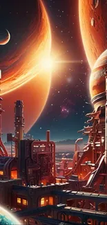 Futuristic sci-fi space landscape with planets and architecture.
