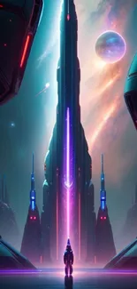 Futuristic sci-fi wallpaper with a towering structure and glowing nebula.