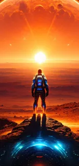 Astronaut on alien planet at sunset, vibrant sci-fi scene.