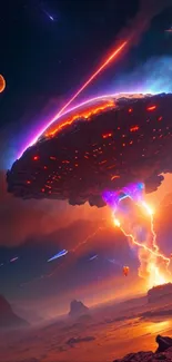 A sci-fi spaceship descending on a vivid alien planet under a glowing cosmic sky.