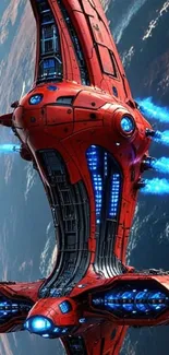 Red futuristic spaceship flying in space with blue engine lights.