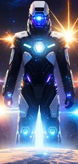 Futuristic spacesuit amidst vibrant galaxy lights.