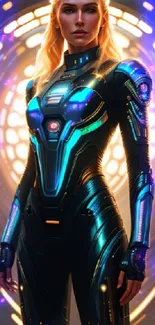 Futuristic character in glowing armor with sci-fi design elements.