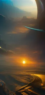 Futuristic sci-fi sunset landscape with orange and blue hues.