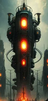 Futuristic towers with glowing orange lights against a dark sky.