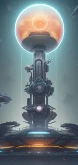 Futuristic sci-fi tower with spaceships and glowing orb design.