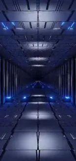 Futuristic dark blue sci-fi tunnel wallpaper with glowing accents.