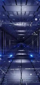 Futuristic sci-fi tunnel with neon blue lights and digital patterns.