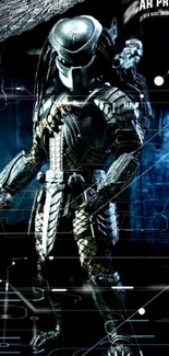 Futuristic armored warrior with tech background.