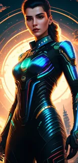 Futuristic female warrior in a neon suit with a cosmic background.