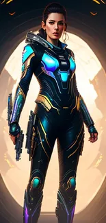 Futuristic female warrior in neon armor in a sci-fi corridor.