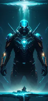 Futuristic sci-fi warrior in a glowing blue landscape.