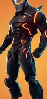 Futuristic warrior in black armor with orange accents on an orange background.