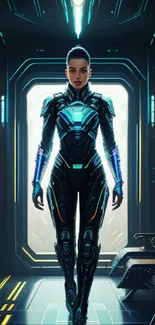 Futuristic sci-fi warrior in high-tech corridor.