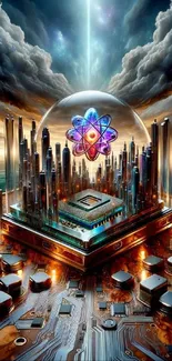 Futuristic city on a microchip with atom symbol above.