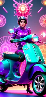 Futuristic woman on neon scooter wallpaper.