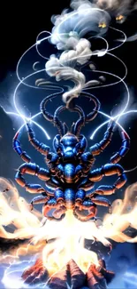 Futuristic scorpion with fire and lightning on a vibrant digital wallpaper.