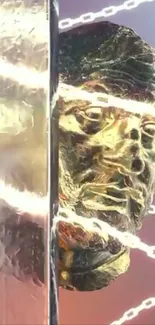 Futuristic sculpture with chains and metallic tones in wallpaper.