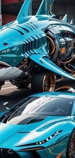 Futuristic shark car design with metallic blue finish.