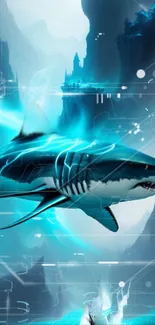 Futuristic shark with digital effects in blue ocean scenery.