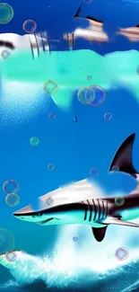 Futuristic digital sharks swim in vibrant blue ocean with bubbles.