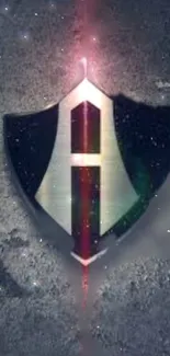 Futuristic shield emblem with cosmic textures on dark gray background.